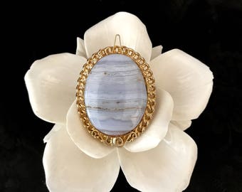 Vintage gemstone blue banded oval agate brooch pin pendant