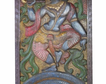 INDIAN Vintage Hand Carved Krishna Dance on Snake Kaliya, Barn Door, Wall sculpture , Eclectic mix Decor