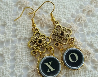 X O Typewriter Key Earrings, Antique Typewriter Jewelry, Dangle Earrings, Hugs and Kisses, Gold Flower Earrings, Upcycled Steampunk Jewelry