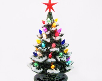 Happy Holidays Ceramic Christmas Tree with Snow 8 1/2 Inches Tall Color Lights Choose Color of Star Made in the USA