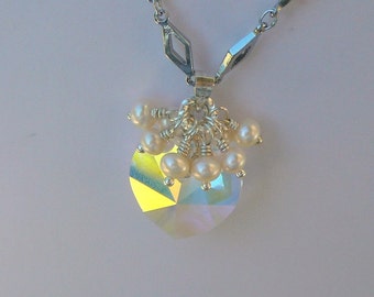 Swarovski Crystal Hearl Surrounded By Freshwater Pearls, Necklace
