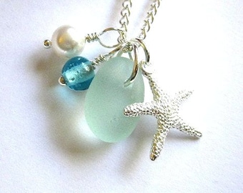 Genuine Sea Glass Jewelry Seafoam Sea Glass Necklace Starfish Charm Beach Jewelry