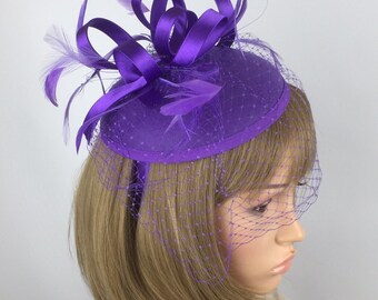 Purple Fascinator, Pillbox Wedding Hat, Pillbox Fascinator, hat, Hatinator with birdcage veil netting