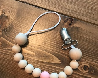 Pink and Tan Teething Pacifier Clip