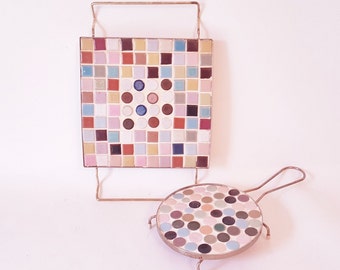 Midcentury Tiled Trivets Trays Ceramic Pot Holders Mosaic Kitchen Tiles Trivets Vintage Pink White Blue Tiled Mosaic Pot Holders Cottage