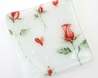 Red silver rose and hearts glass dish, square glass tealight holder, shallow glass bowl, candle dish, small soap dish, change tray, jewelry