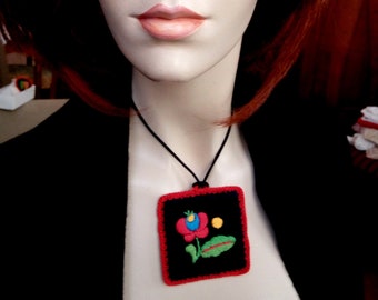 Hand-embroidered pendant, with flower folk motif, Hungarian embroidery necklace