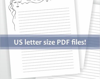 digital download for letter size pdf file printable letter writing paper stationery diy girl face long hair