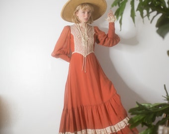 Gunne Sax Dress /60s Papaya Red Gunne Sax Dress / renaissance maxi long sleeve boho