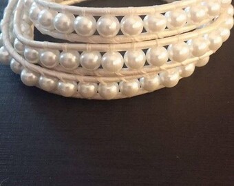 White pearl bead leather wrap bracelet