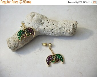 ON SALE Retro Gold Tone Rhinestones Harlequin Mask Earrings 32517