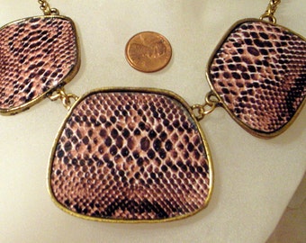 Vintage Big Python Snakeskin Necklace - SALE Choker Lizard Snake Modernist -Abstract - Animal Print Runway Bib Statement Necklace SALE