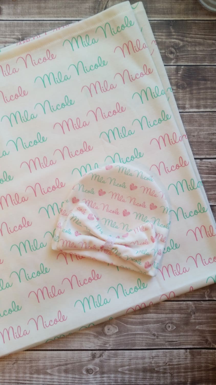 Personalized baby name hat and swaddle blanket set baby and