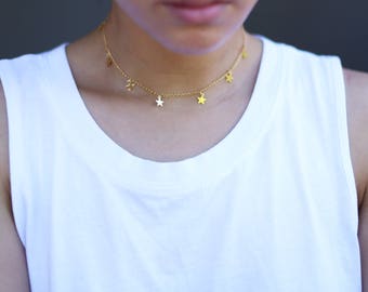 Star Dangle Choker // Gold Star Necklace // Christmas stocking stuffer for women under 20.00