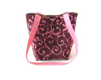 Brown Batik Purse, Small Tote Bag, Pink Batik Scroll Fabric, Cloth Purse, Handmade Handbag, Teen Purse, Shoulder Bag