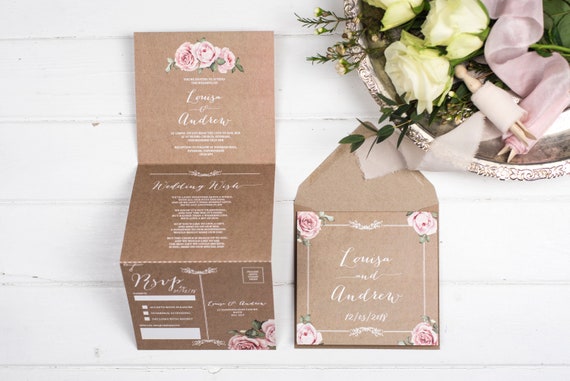 Vintage Wedding Invitation - Double-Folded Kraft Floral Framed (portrait)