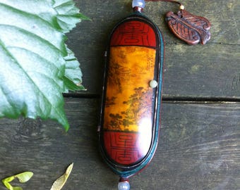 Vintage Chinese Eye Glass Case. Painted Scene. Longevity Symbol. Two Beauties. Lucky Bat. Trinket Box. Blue Glass Bead Finishing