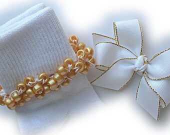 Kathy's Beaded Socks - White with Gold Edge Socks and Hairbow, holiday socks, pony bead socks, gold socks, pearl socks, feather socks