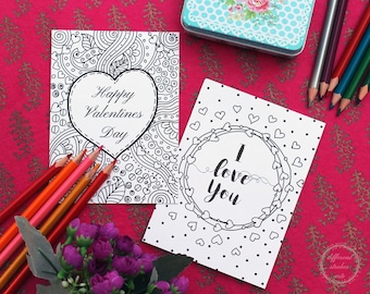 Valentines day cards to color, printable cards, valentines printable coloring, coloring cards, adult coloring valentines, greeting cards