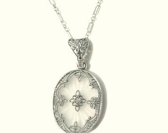 Vintage Quartz Crystal Camphor Glass, Diamond Necklace, Sterling Silver, Victorian, Art Deco Style