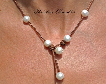 Pearl and Leather Necklace - Brown Cascada - Pearl and Leather Jewelry - Leather and Pearl Necklace - Leather and Pearl Jewelry - Leather