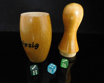 Vintage Table Game, collectible Toys, wooden bowling pin, Glass Dice, Dice cup with 3 pcs glass Dice / Germany Leipzig