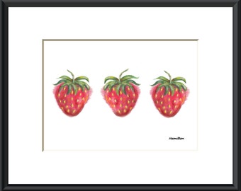 Strawberry art print, strawberry decor, fruit art, strawberry pictures, small art prints, 5x7 art, PRINT ONLY