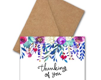 Thinking Of You Card With A Watercolor Floral Border - Bright Greeting Card - Watercolor Flowers - Card For Friend - Colorful Card - Digital