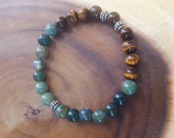 Moss Agate and Tiger Eye beaded stretch bracelet.