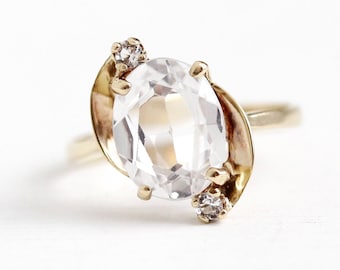 Created Spinel Ring - 10k Rosy Yellow Gold Oval White Synthetic 2 + Carat Three Stone - 1950s Size 5 1/4 Retro Statement 50s Fine Jewelry