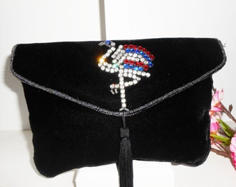 Black Evening Bag, Black Velvet Bag, Sparkly Flamingo, Glamorous Handbag, Black Velvet Clutch, Rhinestone Trim EB-0146