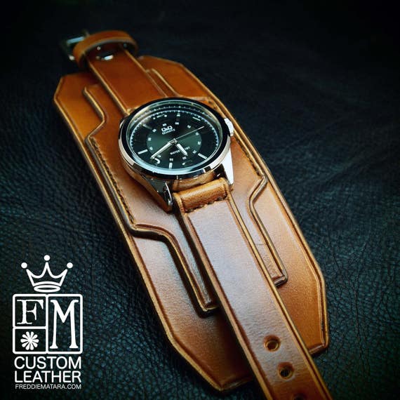 Leather cuff watch Brown leather watchband- Nathan Drake style wide layered Custom made for YOU in USA by Freddie Matara