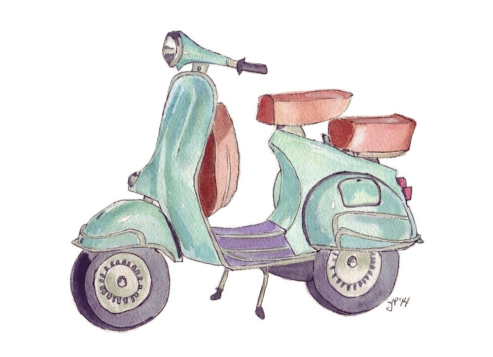 Vespa Watercolor Painting Green Vintage Illustration Vespa Watercolor Painting Green Vintage Illustration