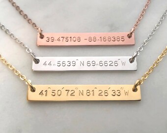 Custom Hand Stamped Gold Silver Coordinates Bar Necklace, Personalized Location GPS Latitude Longitude Letter, Wedding Gift,Anniversary Gift