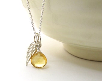 Guardian angel necklace, citrine pendant with angel wing, November birthstone, memorial jewelry, citrine necklace, silver citrine jewelry