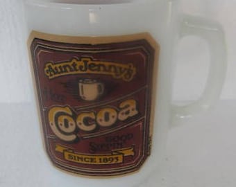 Vintage Anchor HockingVintage Aunt Jenny's Cocoa Good sippin' Since 1893 Collectible Milk Glass Coffee Mug
