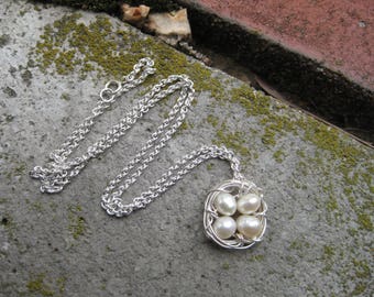 Four Egg Nest Necklace with .925 Sterling Silver: Four Bird Nest Necklace, Fresh Water Pearls Handwrapped, Mother's Day Jewelry