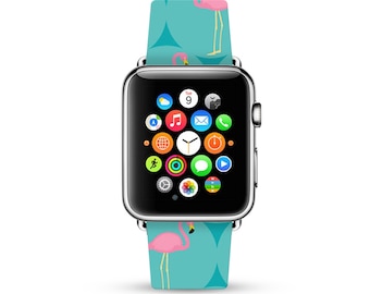 Apple Watch Band 38mm, 42mm for Series 1, 2 & Series 3, Apple Watch Strap genuine Calf Leather Wrist Band with Metal Adapter, Pink Flamingo