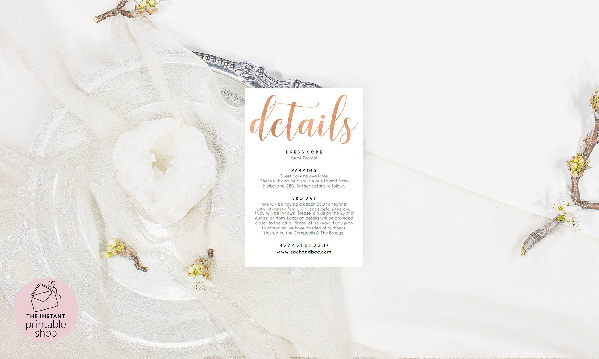 Rose gold wedding stationery Wedding details card Editable