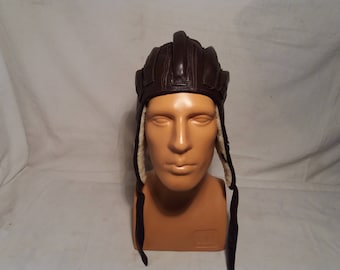 Vintage 1970's Military Dark Brown Leather Helmet - Winter Version - NEW