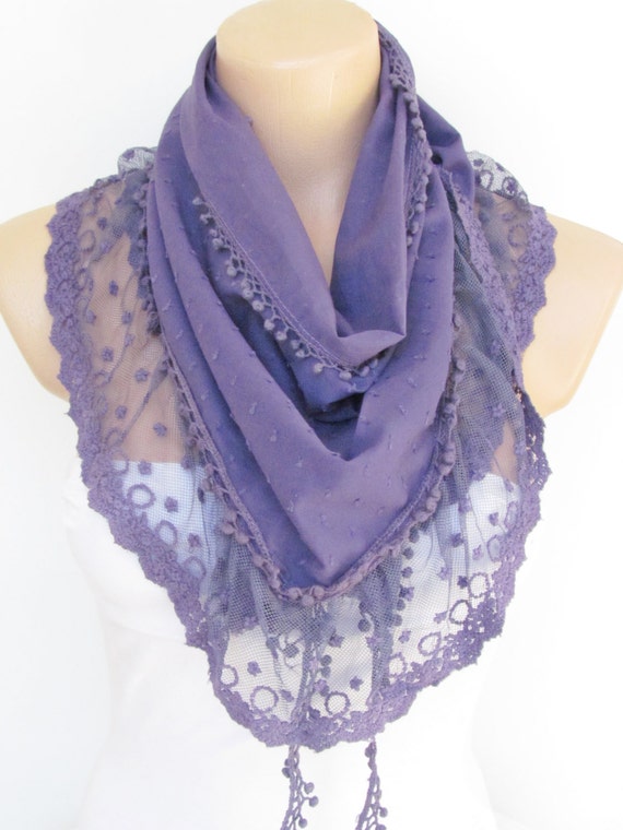Purple Scarf with lace Triangle Shawl Scarf-Winter