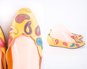 Yellow Leather Ballet Flats, 80s Shoes, 80s Flats Flat Shoes Peep Toe Flats Wedge Heel Yellow Shoes Paisley Print Yellow Flats Leather Shoes