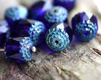 10mm Rustic Dark Blue Cathedral rounds, czech glass picasso ends, fire polished - 10Pc - 2999