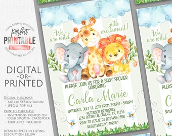 Safari Baby Shower Invitation, Safari Invitation, Safari Invite, Jungle Invitation, Elephant Giraffe Lion, Digital File or Printed #771