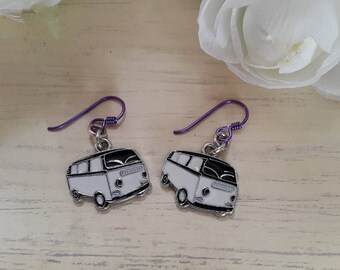 White VW Bay Hippy Camper Van, Campervan Earrings on Niobium wires