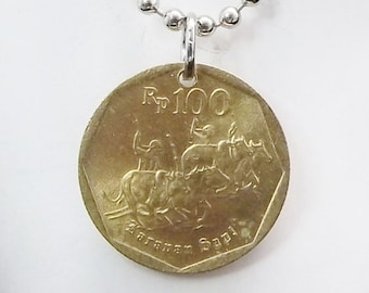 Indonesia Coin Necklace, Bronze Rupiah Coin, Running Bulls, Handmade, Mens Necklace, Womens Necklace, 1996