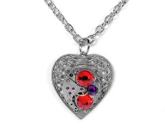 Steampunk Jewelry Necklace Vintage Watch Silver Filigree HEART Hyacinth Purple Crystal Wedding Holiday Bridesmaids Gift - Steampunk Boutique