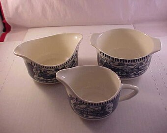 Currier & Ives Sugar and Creamer Gravy Bowl by Royal Made in USA - The Old Grist Mill - Blue and White