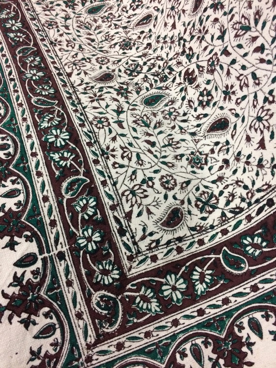 Green and brown flowers tablecloth, handprinted Square tapestry, natural dyes textile 39" inches with tassels