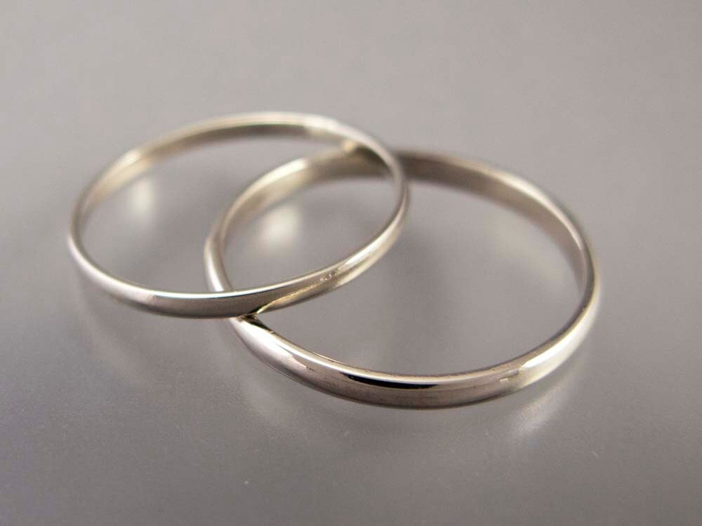 Thin White Gold Wedding Band Set 34.34 and 34mm Wide His and